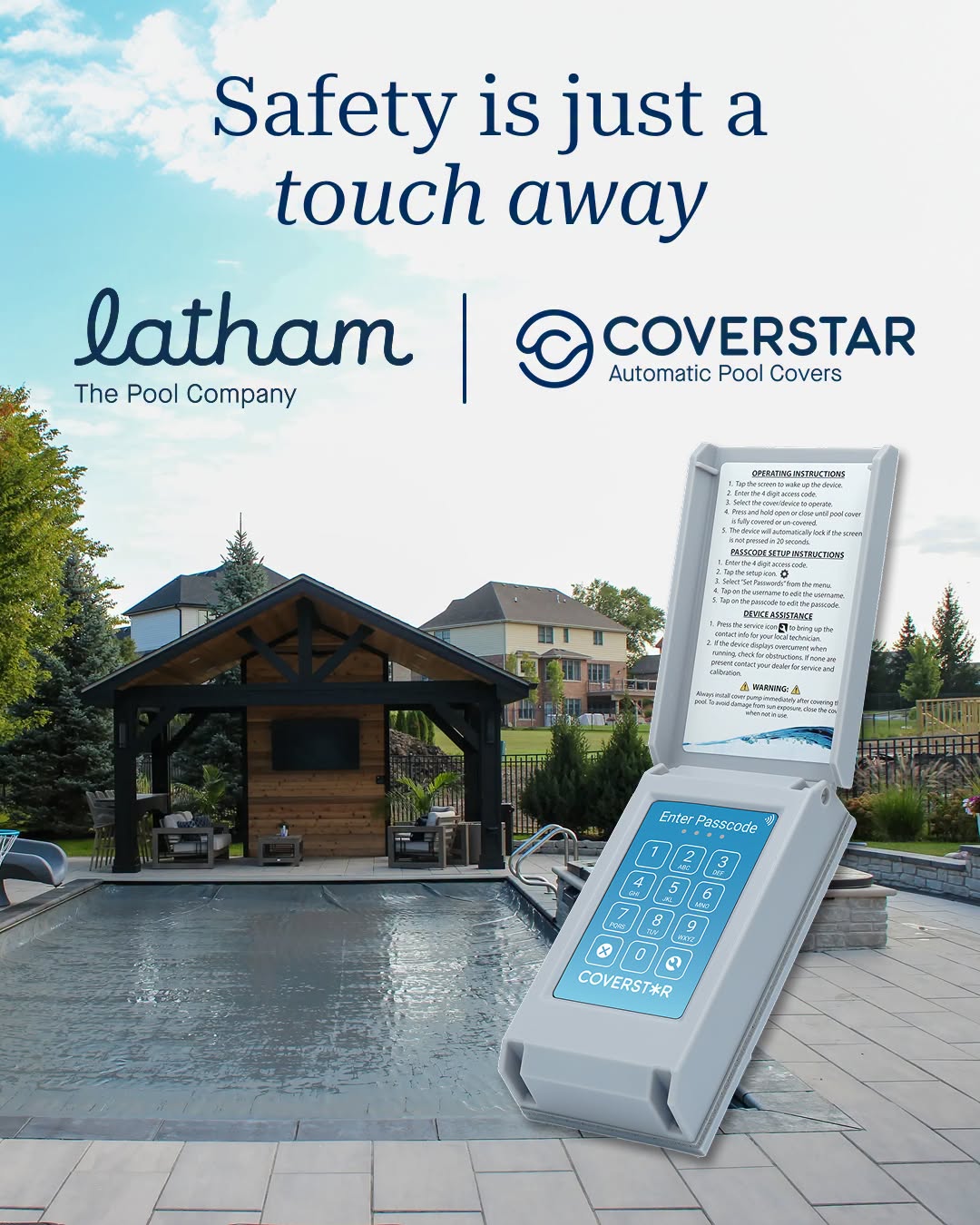 Latham and Coverstar automatic pool covers &mdash; Safety is just a touch away, with a keypad control beside a covered inground pool