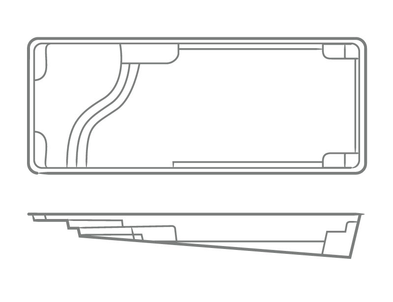Aspen one-piece fiberglass pool shell overhead and profile drawing