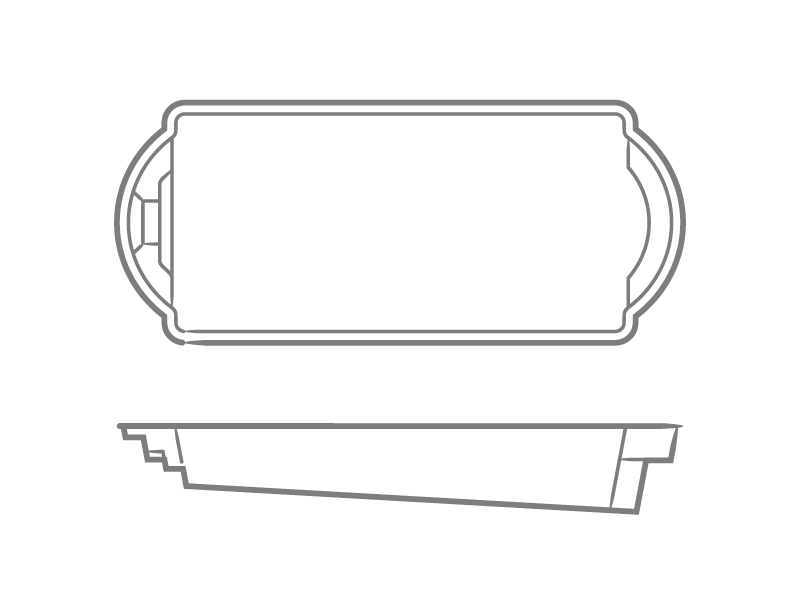 Cathedral one-piece fiberglass pool shell overhead and profile drawing