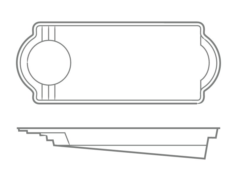 Cathedral LX one-piece fiberglass pool shell overhead and profile drawing