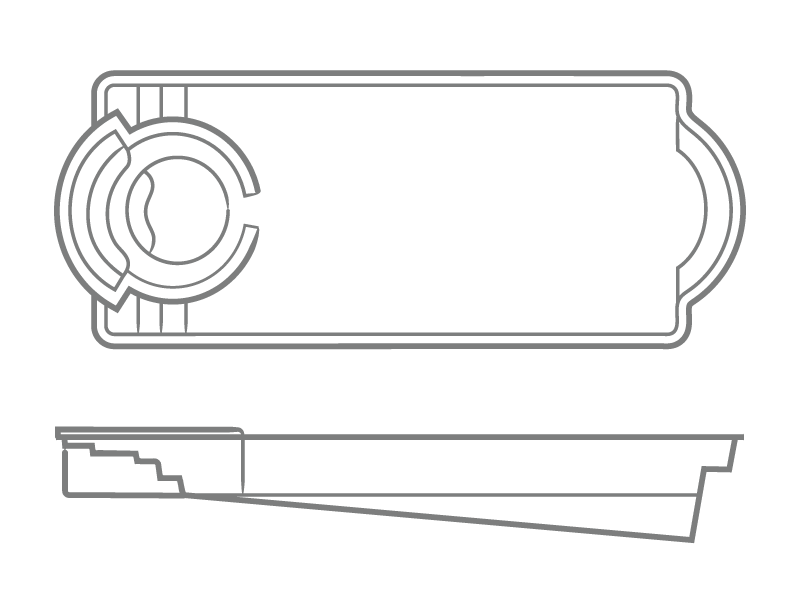 Cortona one-piece fiberglass pool shell with sunken spa, overhead and profile drawing