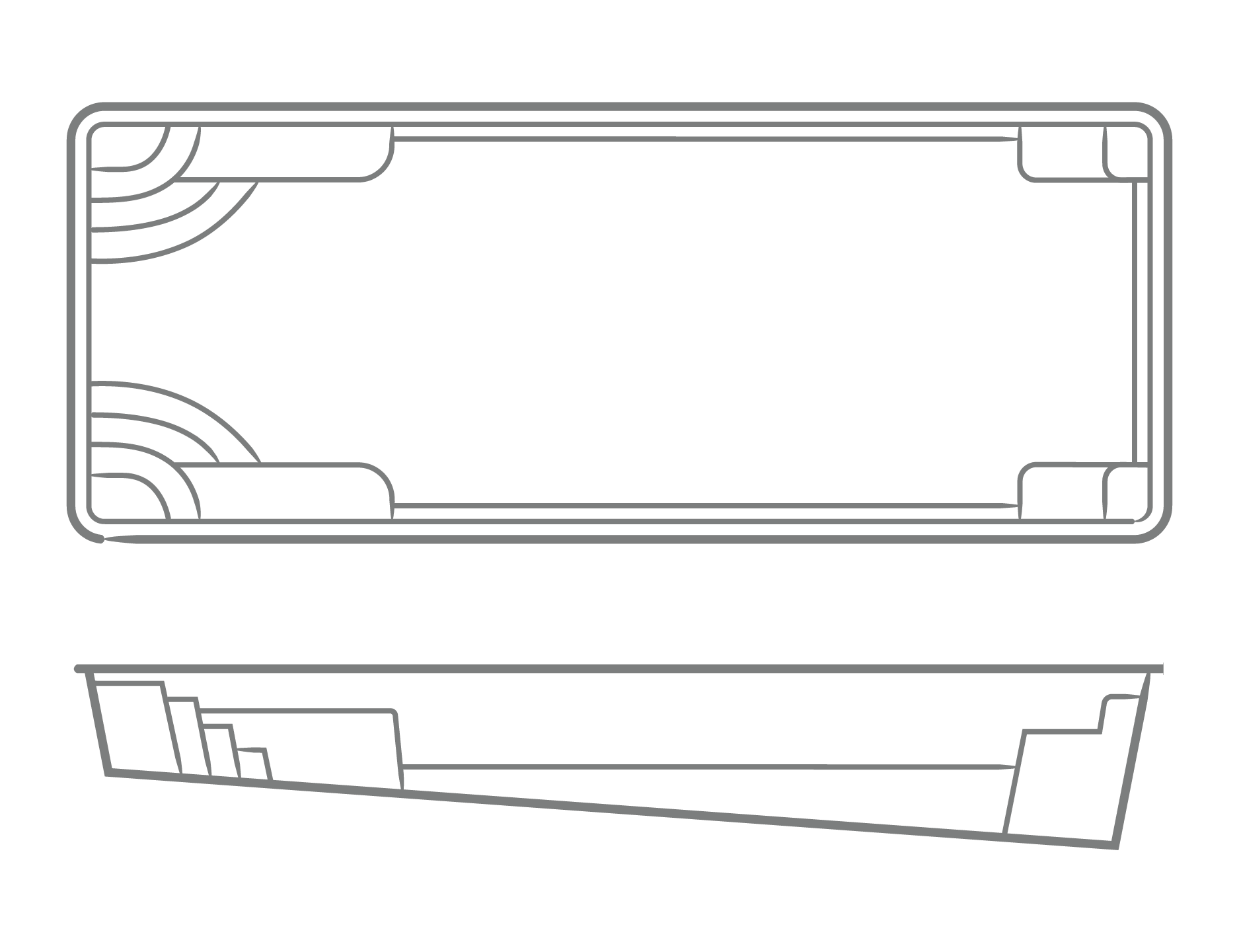 Goliath one-piece fiberglass pool shell overhead and profile drawing