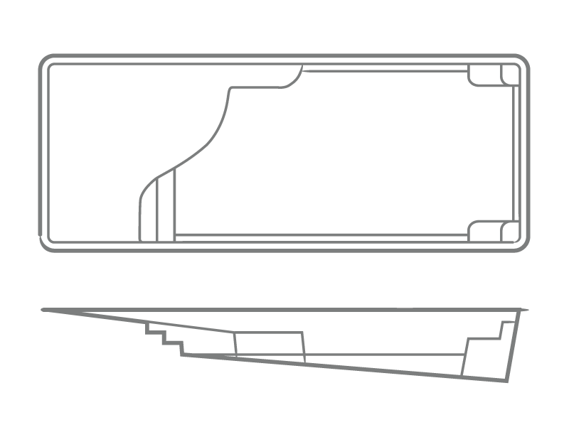 Grace Beach Entry one-piece fiberglass pool shell overhead and profile drawing