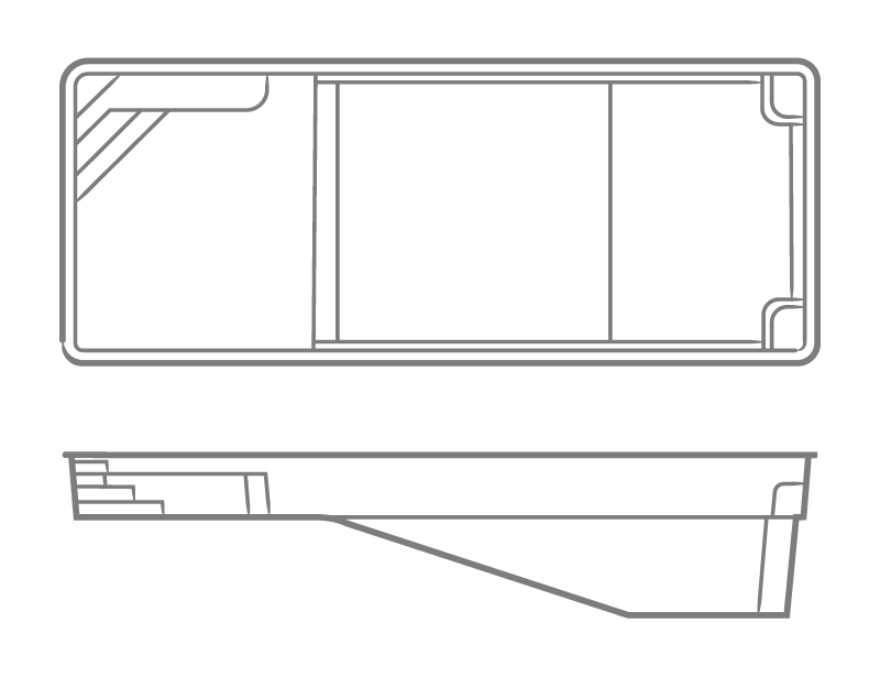 Monolith one-piece fiberglass pool shell overhead and profile drawing
