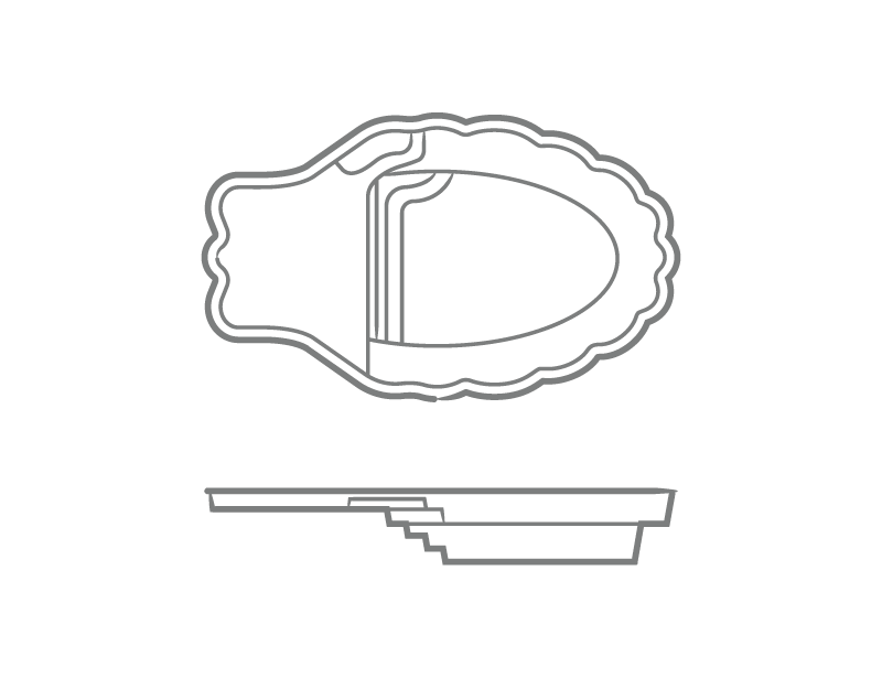 Pearl one-piece fiberglass pool shell overhead and profile drawing