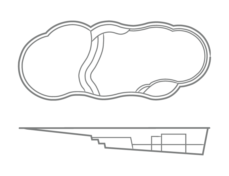 Sandal Beach Entry one-piece fiberglass pool shell overhead and profile drawing