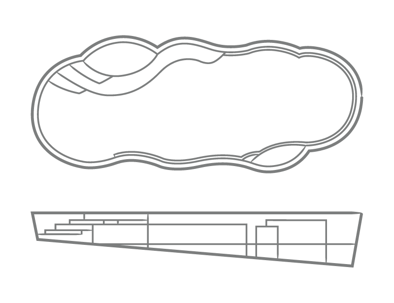 Sun Day one-piece fiberglass pool shell overhead and profile drawing