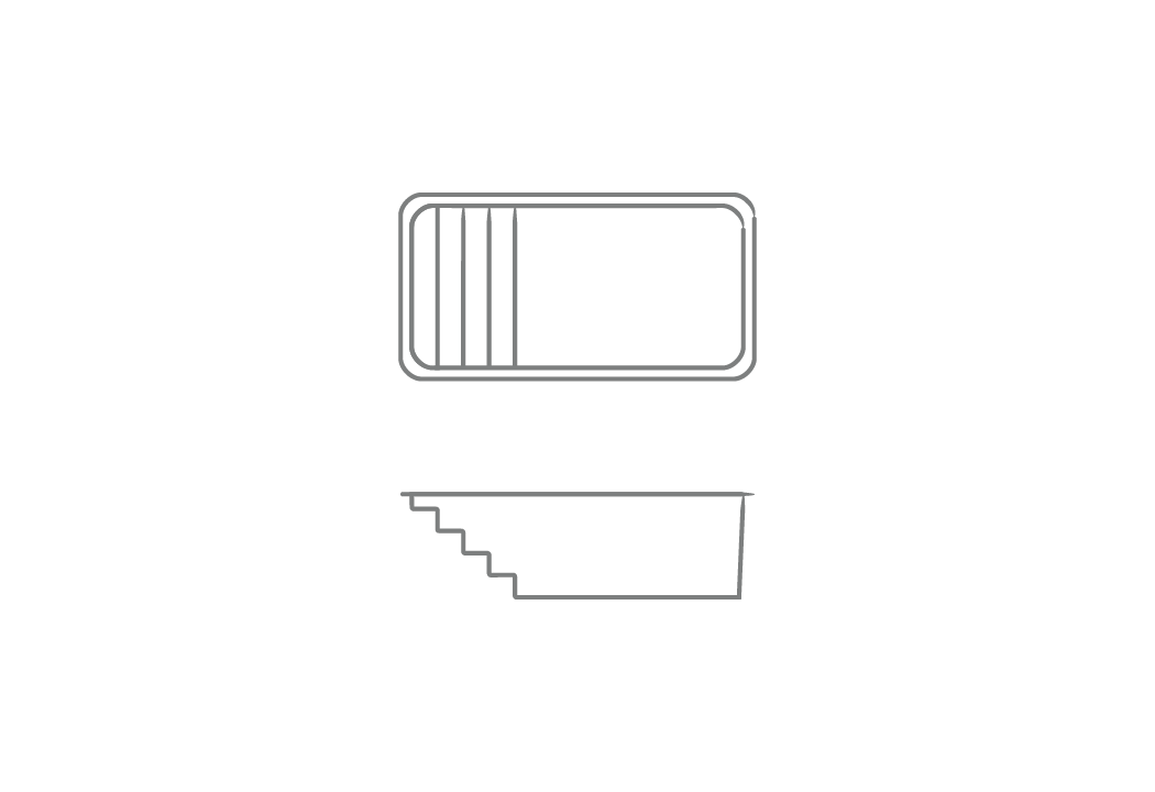 The Nest one-piece fiberglass plunge pool shell overhead and profile drawing