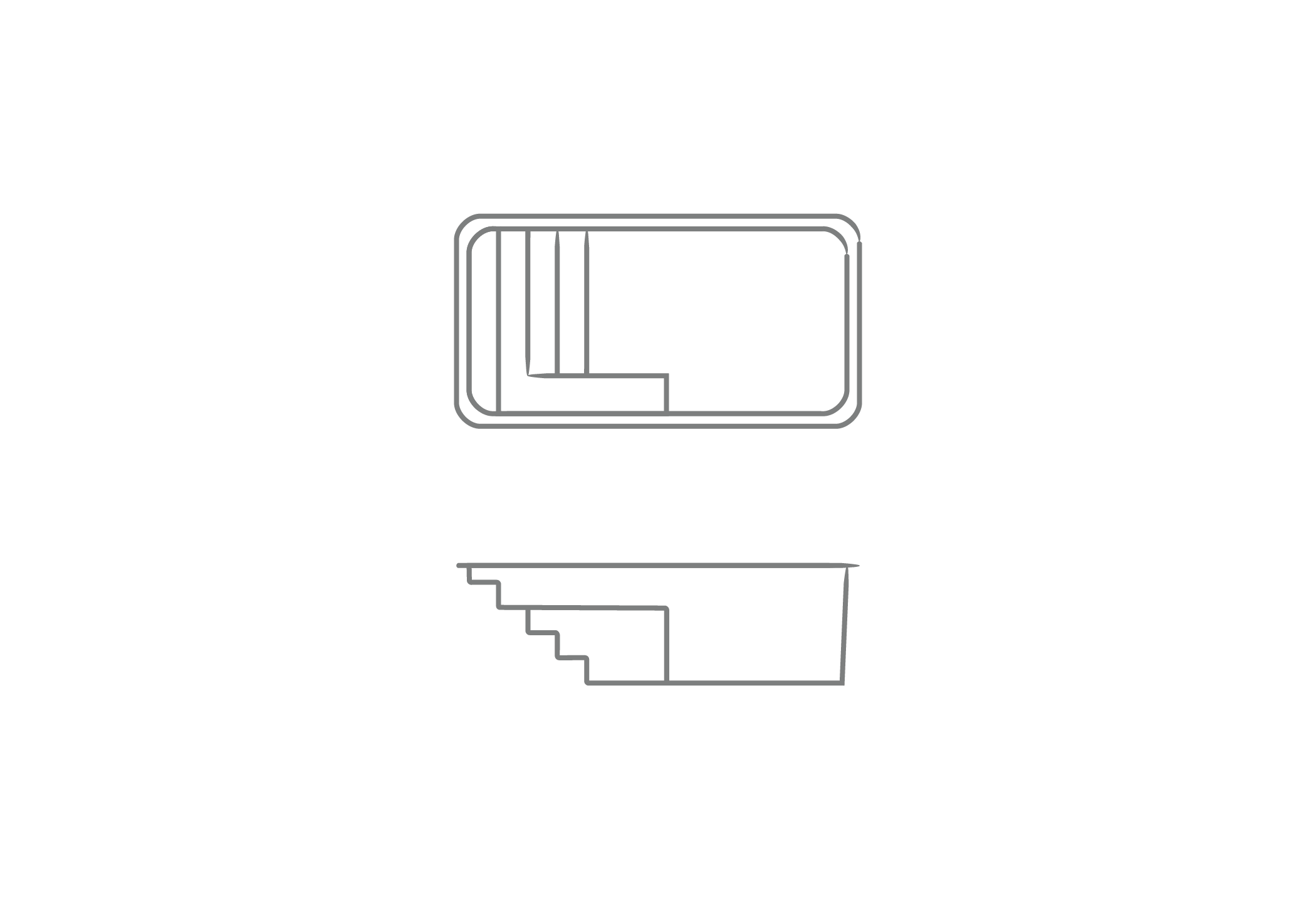 The Nook one-piece fiberglass plunge pool shell overhead and profile drawing
