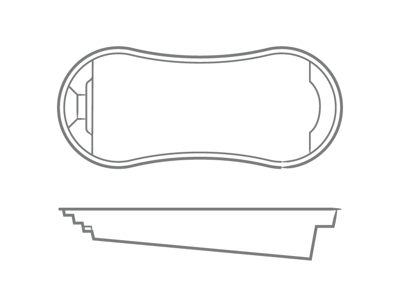 Titus one-piece fiberglass pool shell overhead and profile drawing