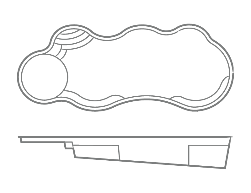 Wellspring one-piece fiberglass pool shell overhead and profile drawing