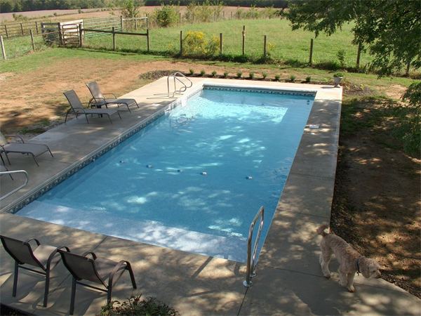 Vinyl liner inground pool with automatic safety cover and stamped concrete deck